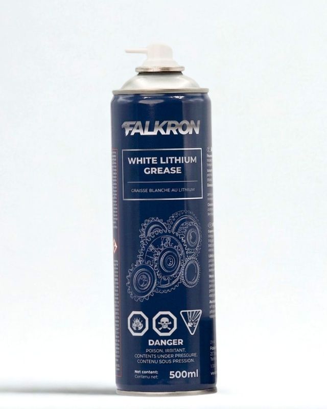 FALKRON White Lithium Grease with its spray straw fitted, studio photo